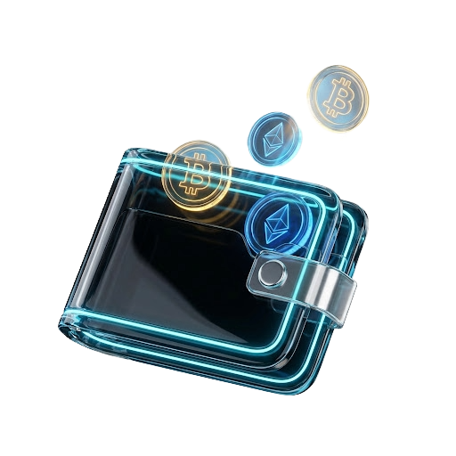 Futuristic digital wallet with floating cryptocurrency coins